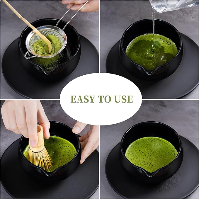 YIBO Matcha Whisk Set Black - Match Bowl with Spout and Whisk, Scoop, Sifter, Chasen Holder Measuring Spoon & Cup Kit for Matcha Tea Ceremony Tools