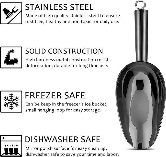 6 Ounce Ice Scoop Set of 2, E-far Platinum Black Stainless Steel Small Scoops for Ice Cube/Candy/Flour/Sugar, Metal Utility Scoops for Canisters, Baking, Kitchen Pantry, Rust Free