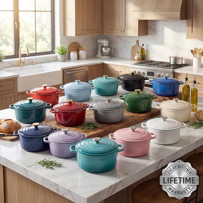 Zulay Kitchen 7.7 Quart Enameled Cast Iron Dutch Oven Pot with Lid – Premium Durability & Oven Safe up to 500°F – Heavy Duty Cookware Perfect for Bread Baking, Stews, Braising & Roasting – White