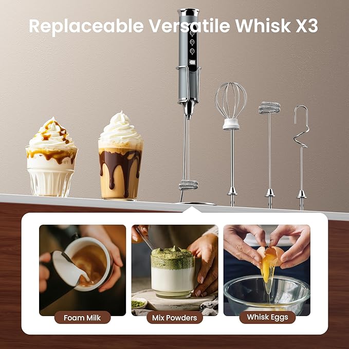 YUSWKO Silver Milk Frother Wand for Coffee with Stand, Handheld Coffee Frother, Rechargeable Drink Mixer, Waterproof Electric Whisk