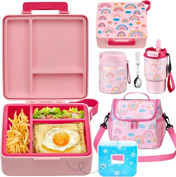 Pawtong Lunch Box Set with Bento Box Container, 17OZ Stainless Steel Food Soup Thermo, Kids Water Bottle & Portable Insulated Lunch Bag – Leakproof, Hot/Cold Retention for School, Travel(Pink-Rainbow)