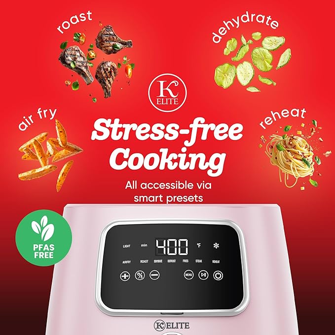 Kitchen Elite 5.5 Qt. Digital Air Fryer, Countertop Cooker with LED Screen, Presets for Air Fry, Roast, Dehydrate, Defrost and Reheat, Pink