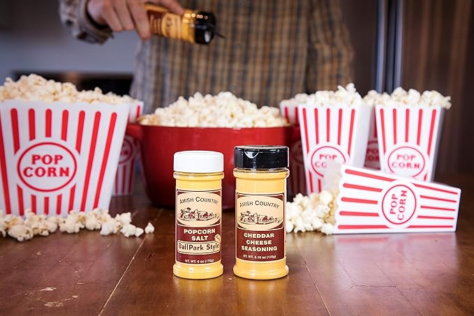 Amish Country Popcorn | Seasoning Variety Pack | BallPark Style ButterSalt - 5.5 oz & Cheddar Cheese - 4.7 oz Popcorn Seasoning | Old Fashioned, Non-GMO