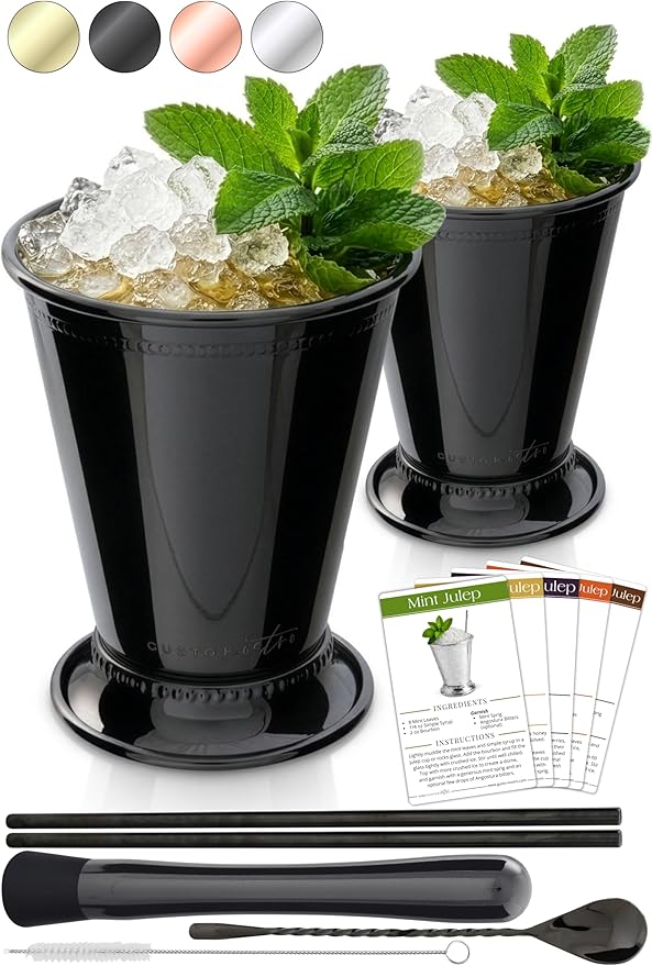 Gusto Nostro Mint Julep Cups Set of 2 - Stainless Steel Julep Cup Kit with Straws, Muddler, Spoon, Recipes, Vases - Southern-style Cocktail Glasses for Home Bar - Stainless Steel Cocktail Cups (Black)