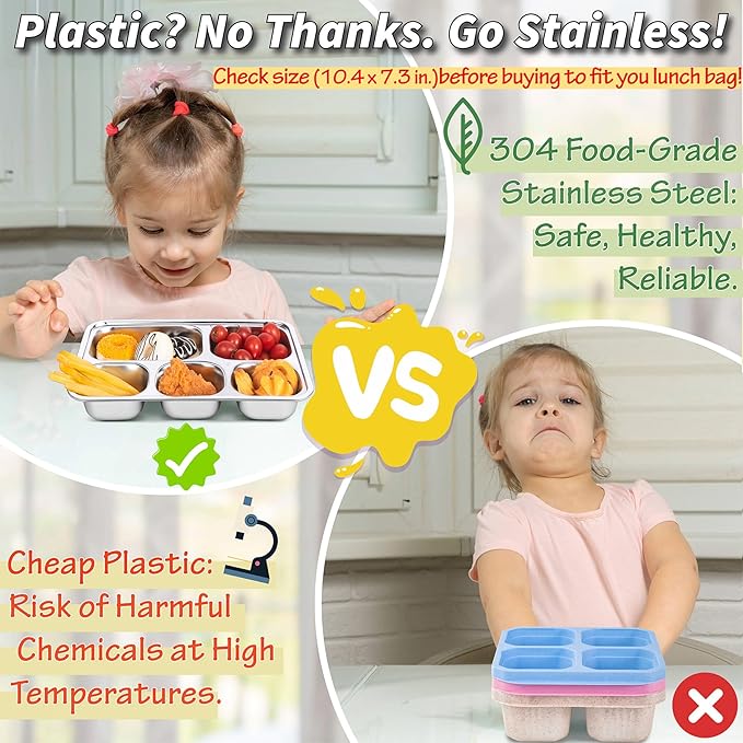 Stainless Steel Snack Containers with Plastic Lids - 3 Pack - 5 Compartments Bento Snack Boxes - Large Reusable Meal Prep for Kids Adult - Divided Food Storage Container for School, Lunch, Home Travel