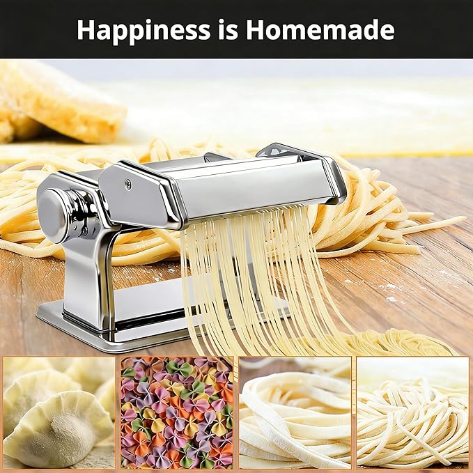 Pasta Maker, METLUCK Stainless Steel Pasta Machine Manual Roller Pasta Maker with 9 Thickness Settings for Spaghetti Linguine Fettuccine Lasagne, Includes Dough Cutter & Hand Crank