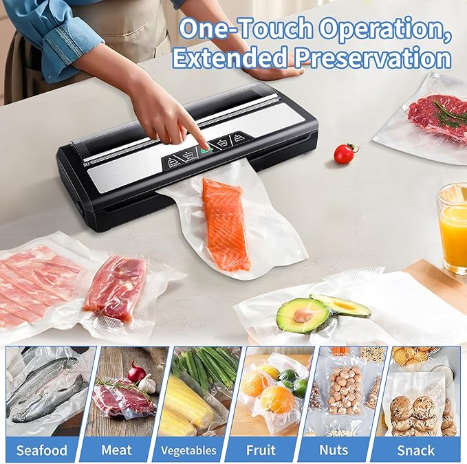 Vacuum Sealer Machine, Food Sealer Machine 80KPA Automatic for Food Saving Dry/Moist Mode with Build-in Cutter & Storage, Air Suction Hose, One-Touch,High Suction Power