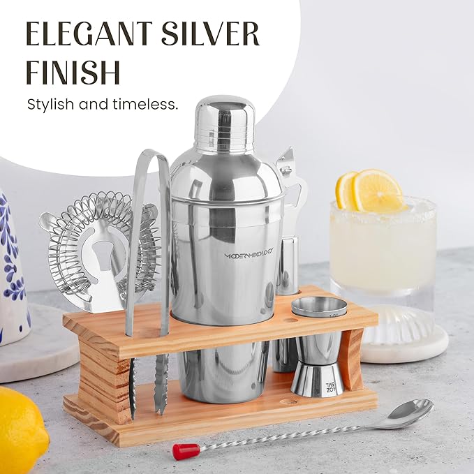 Modern Mixology Cocktail Shaker Set - Bartender Kit with Pine Stand | Leak-Proof Design | Includes Martini Shaker, Jigger, Strainer, Spoon, Tongs | Perfect Bar Tools Gift for Home Mixology (Silver)
