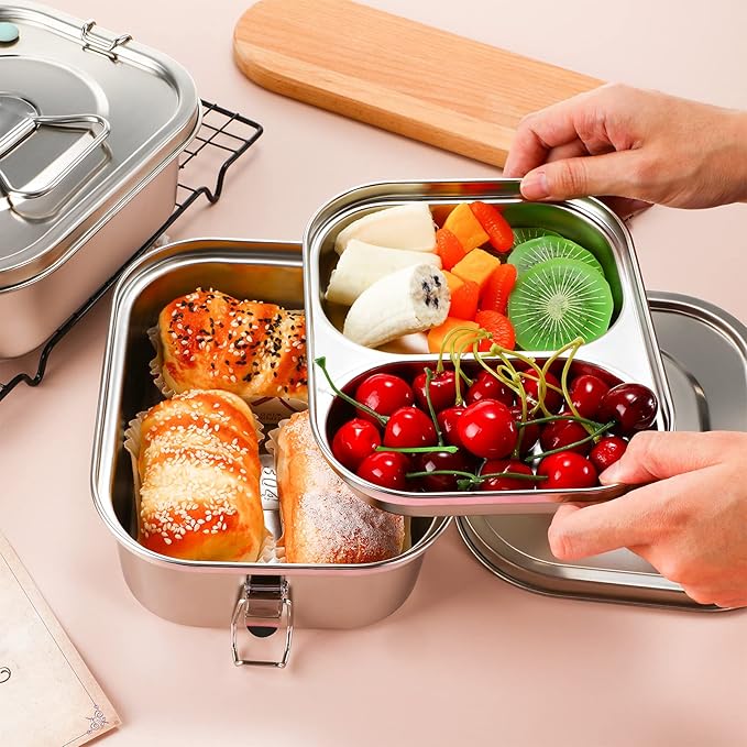 2 Pieces Metal Bento Box for Adults Metal Lunch Box Stainless Steel Bento Containers Leakproof Dual Tiers Lunch Container With Airtight Valve Handle Dishwasher Safe(Medium)