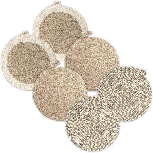 Encasa XO Round Trivet Mats For Hot Dishes with Hanging Loop | Beige Combo - Set of 6 with 7 inch Diameter | Cotton Round Thick Heat Resistant Pot Holders | Use Hot Pads Plate Mats For Hot Pots & Pans