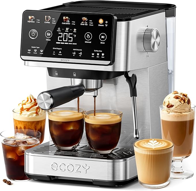 ecozy 4-in-1 Espresso Machine and Coffee Maker Combo with Milk Frother, Cold Brew & Over Ice, Interactive Touch Screen, Stainless Steel, Brezzano Elite Series for Cappuccinos, Lattes, Americanos