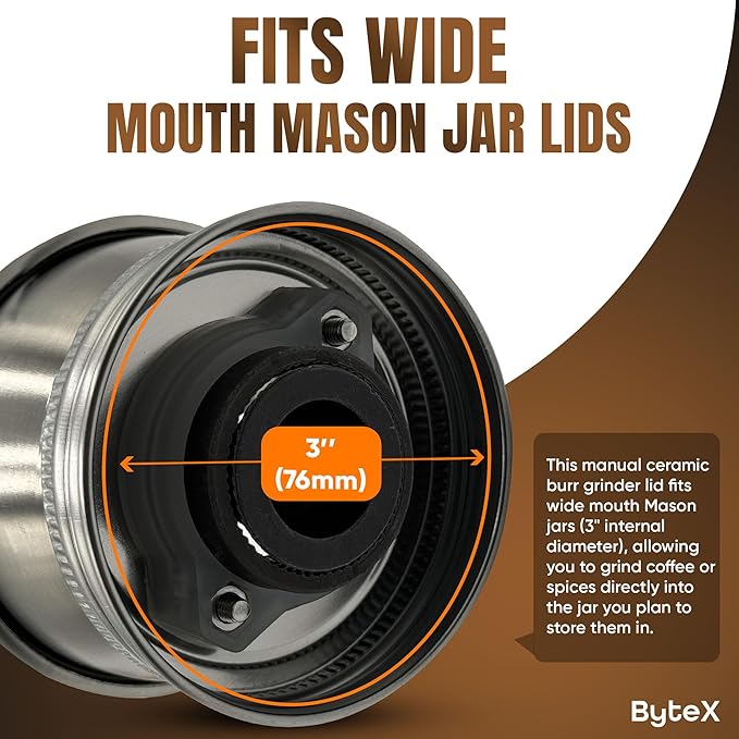 Stainless Steel Coffee Grinder Lid Attachment for Regular Mouth Mason Jars - Manual Crank Burr Grinder for Fresh Coffee, Ideal for Camping, Home Barista, Rust Proof Ceramic Mechanism (Wide)