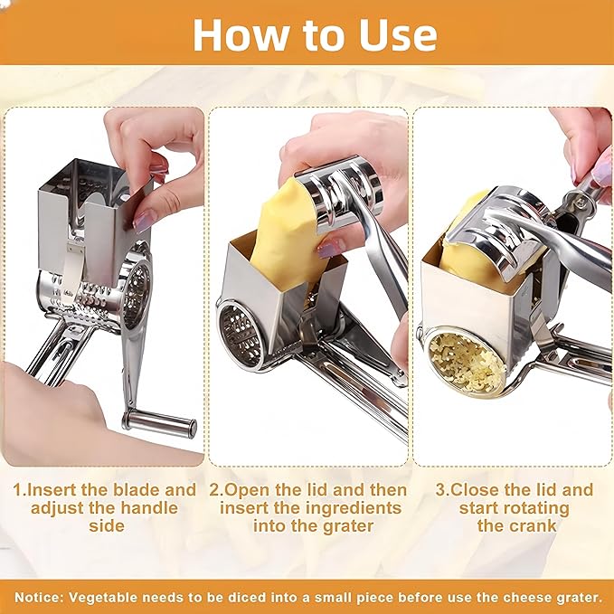 Manual Rotary Cheese Grater Stainless Steel Parmesan Grater, Hand Crank Cheese Graters, Cheese Shredder Slicer Handheld for Hard Cheese Chocolate Nuts Kitchen Parmesan