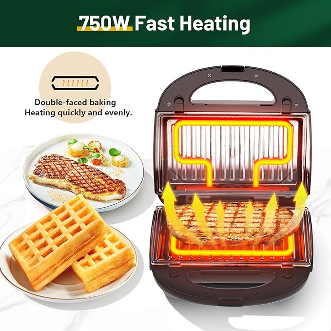 KEENSTAR 3 in 1 Electric Sandwich Maker, Waffle Maker with Removable Non-Stick Plates, Grill with Double-Sided Heating, Easy to Clean and Store, Perfect for Cooking Breakfast, Grilled Cheese and Steak