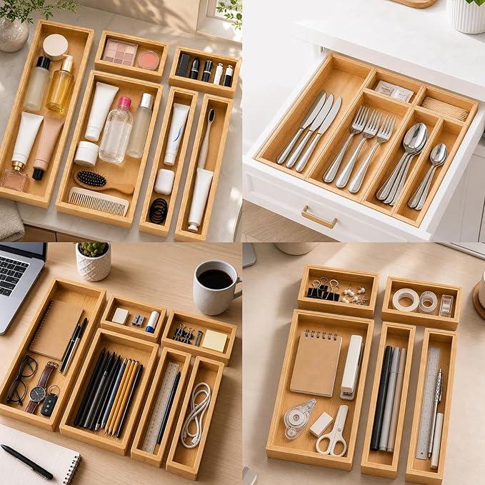 Bamboo Kitchen Drawer Organizer for Utensils, Set of 6 Stackable Silverware Tray for Drawer, Multi-Use Storage Bamboo Trays for Utensil Holde, Office, Makeup, Jewelry, Bathroom