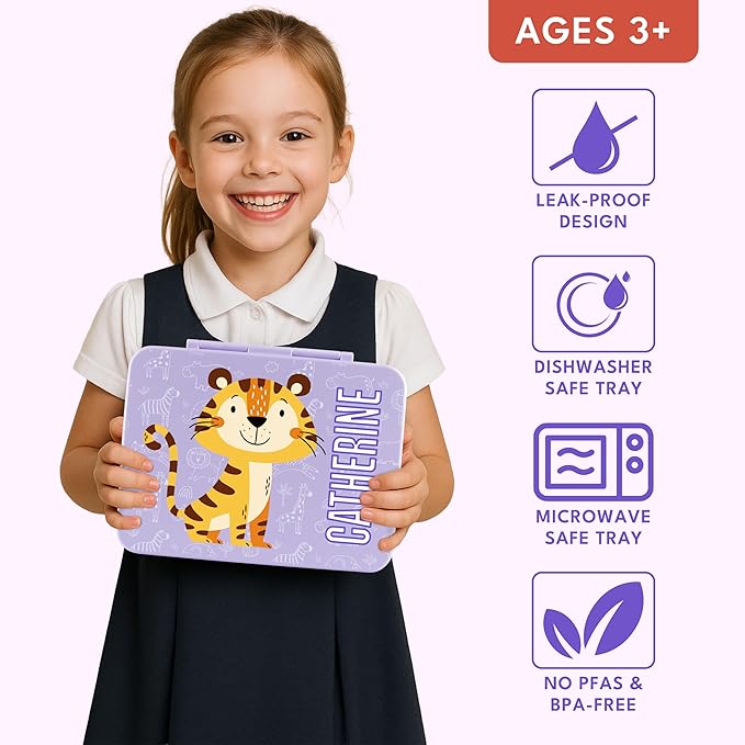 Personalized Bento Box for Kids with Safari Icon and Name - Lilac - 5 Compartments Drop-Proof Bento Box, Dishwasher Safe, Made with BPA-Free Materials, Bento Lunch Box for Kids and Toddlers