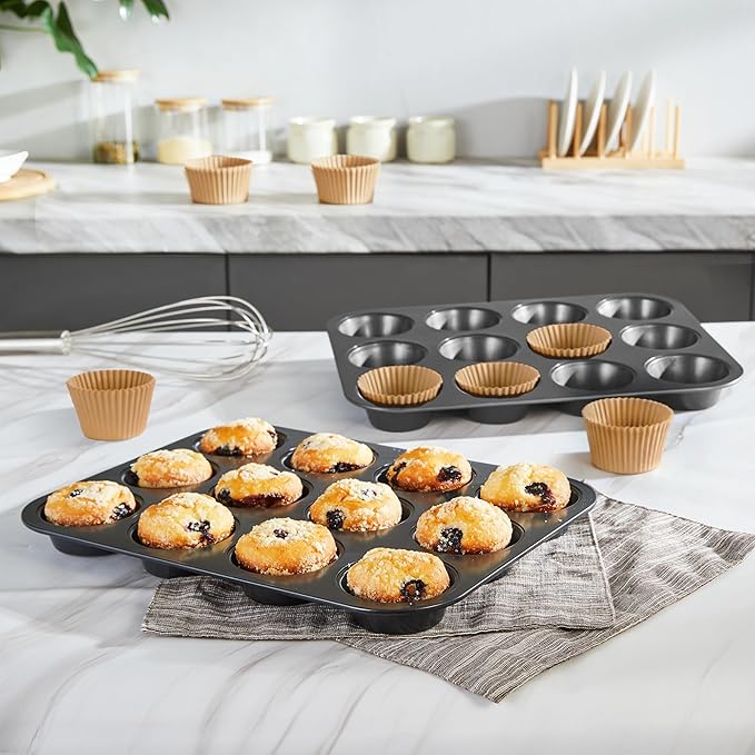 HONGBAKE Muffin Pans with 120 Natural Liners, Nonstick 12 Cup Cupcake Baking Tray, Premium Standard Size, 2 Pack, Dark Grey