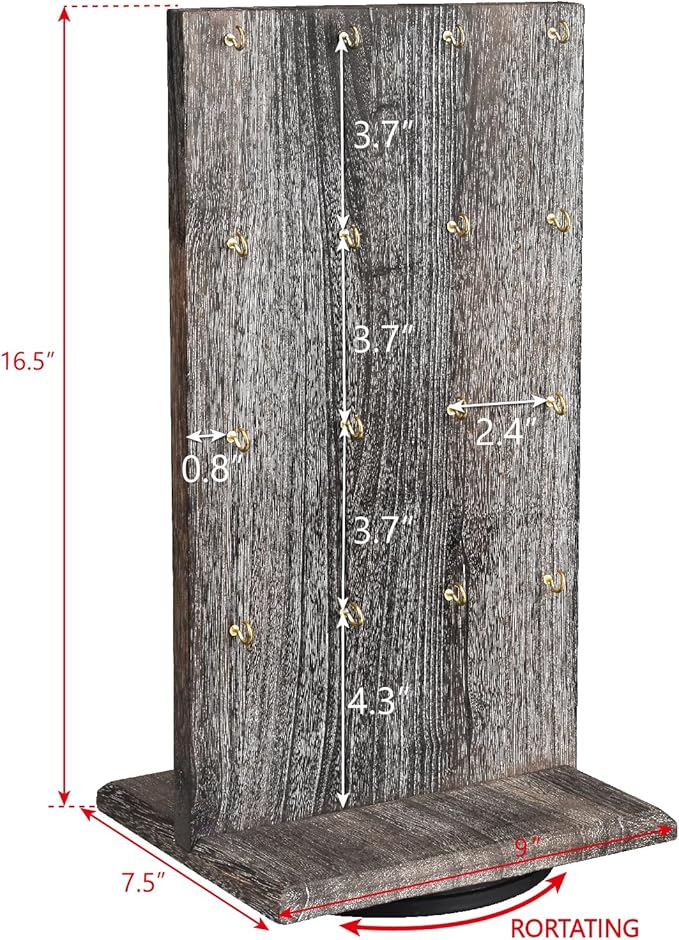 Ikee Design Wooden Rotating Two-Sided Jewelry Display Stand, Rotating Organizer with 32 Hooks for Store, Keychain Earring Display with Hooks, Coffee color, 9 W x 7.5 D x 16.5 H in