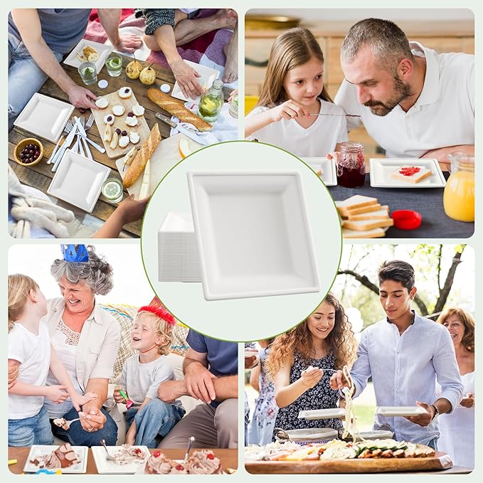 ECOLipak 10 Inch Square Paper Plates, 300 Pack Compostable Heavy Duty Biodegradable Paper Plates, Made from Sugarcane, Eco Friendly White Disposable Plates for Party, Dinner