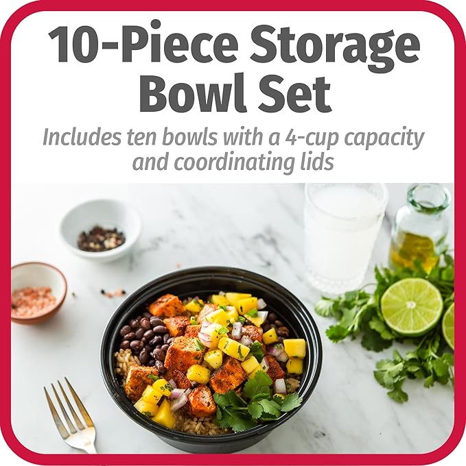 GoodCook 4-Cup Meal Prep Bowls Set with Lids and Dressing Cup,Microwavable Food Storage Containers for Meal Prepping,Set of 10,Black,(Pack of 4)