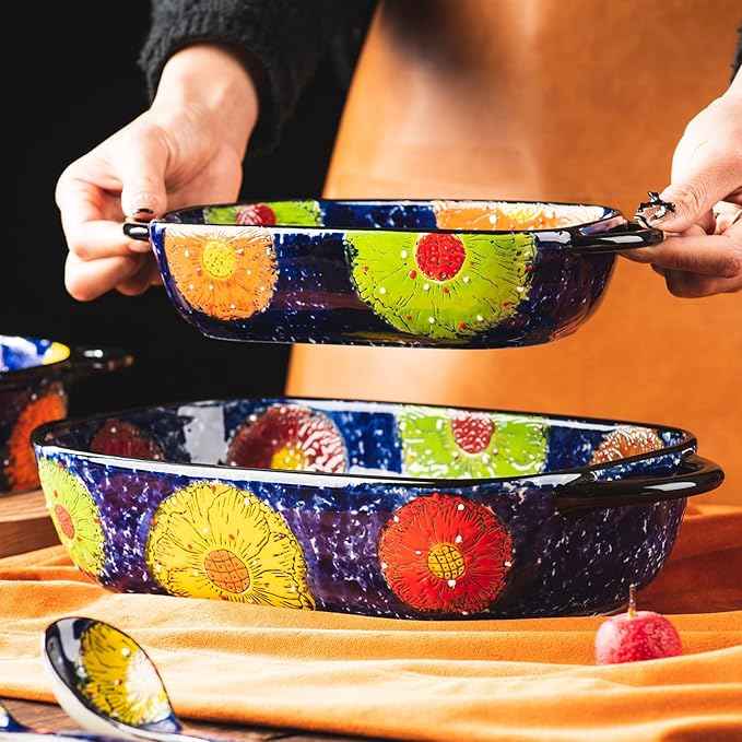 Retro pastoral style Ceramic Baking Dish Rectangular Bakeware Set Baking Pan, 2-piece Hand-painted Porcelain Baking pan with handle, Casserole Dish for Oven/Cooking/Kitchen (Van Impression)
