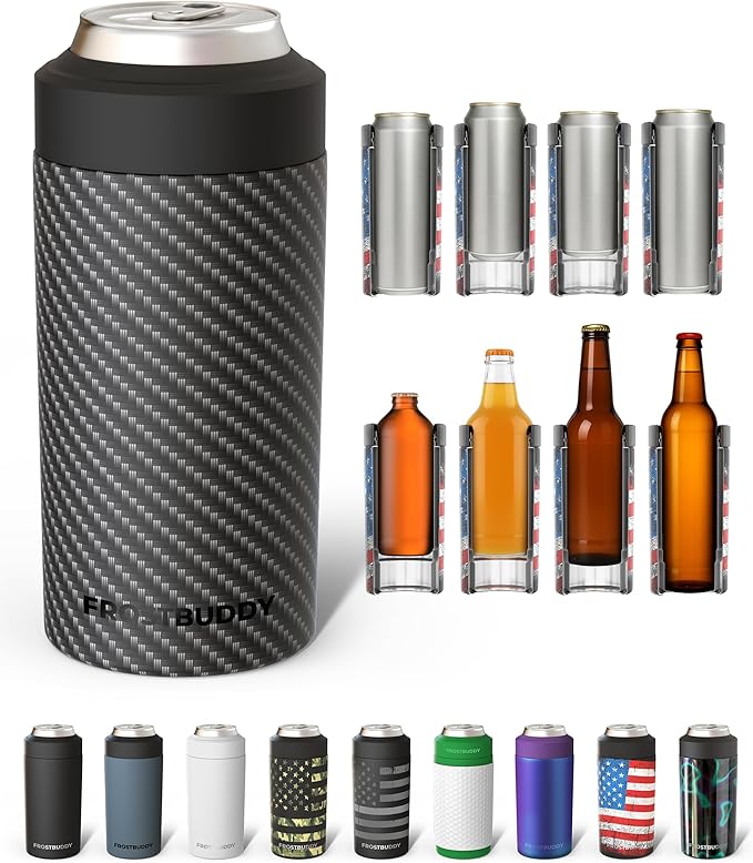 Frost Buddy Universal Can Cooler - Fits all - Stainless Steel Can Cooler for 12 oz & 16 oz Regular or Slim Cans & Bottles - Stainless Steel (Carbon Fiber)
