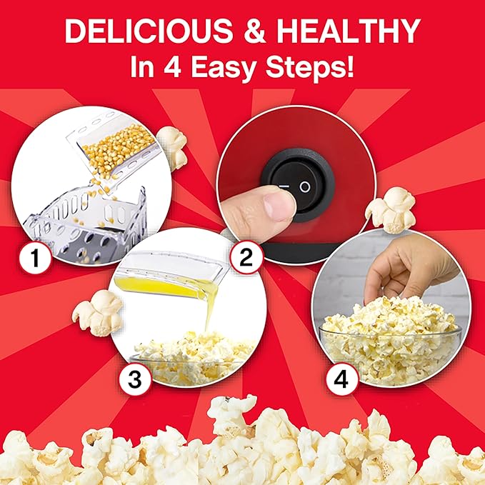 West Bend Air Crazy Hot Air Popcorn Popper Machine for Healthy Snacking with No Oil, Includes Dual-Purpose Measuring Cup & Butter Melter, 4-Quart, Red