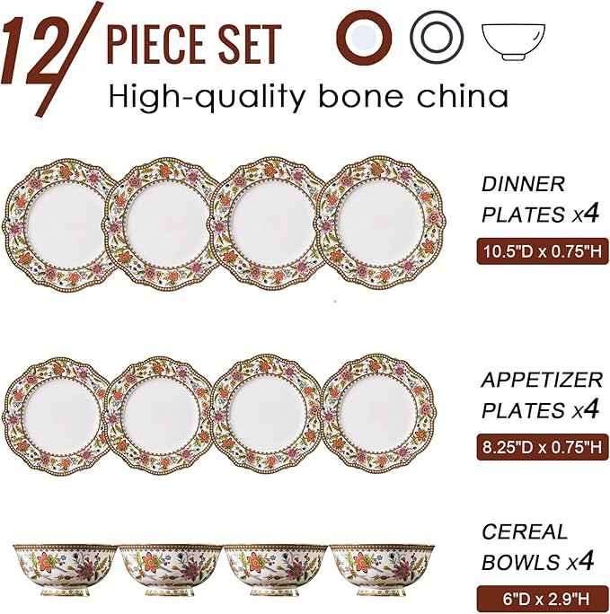 ACMLIFE Bone China Dinnerware Set for 4, 12-Piece Vintage Floral Dinnerware Set, Kitchen Plates and Bowls Set, China Plates Set, Mother's Day, Gifts for Women, Thanksgiving Dinnerware Sets(Pink)