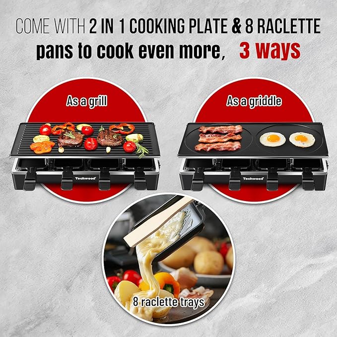 Raclette Grill, Techwood Electric Table Indoor Grill Korean BBQ Grill, Removable 2-in-1 Non-Stick Grill Plate, 1500W Fast Heating with 8 Cheese Melt Pans, Ideal for Parties and Family Fun