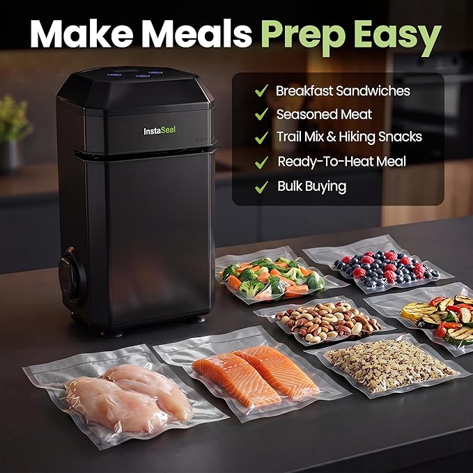 InstaSeal Vacuum Sealer for Food with 12 Bags, Preserves Foods 5x Longer, Space Saving Compact Upright Design Allows Machine to Heat Seal Marinades, Soups, Meats for Sous Vide Cooking