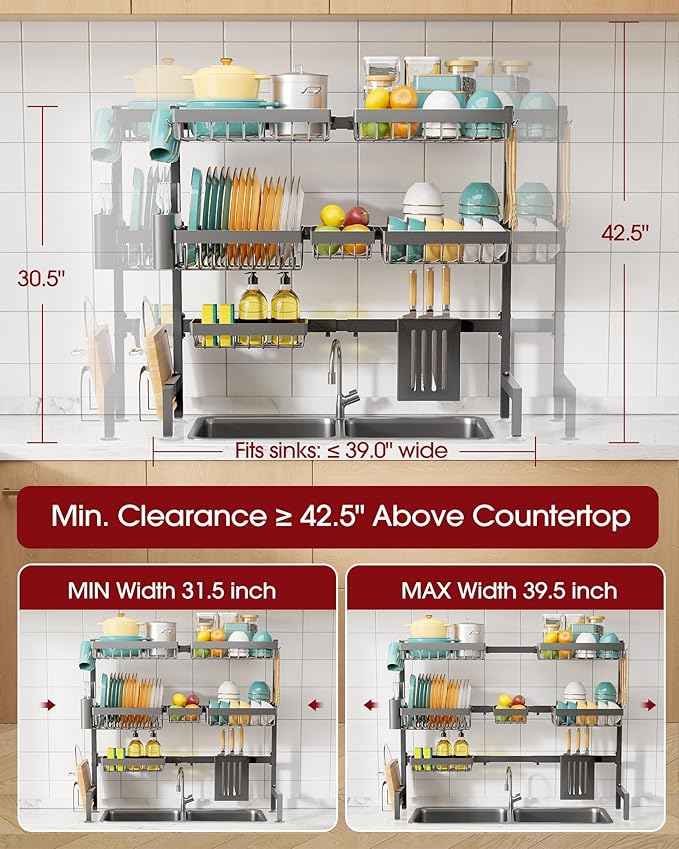 Over The Sink Dish Drying Rack - Adjustable 3 Tier XX-Large Capacity Stainless Steel Drainer with Cutlery & Utensil Holders, Kitchen Storage & Organization, 31.5"-39.5"L x 12"W x 30.5"H, Gray