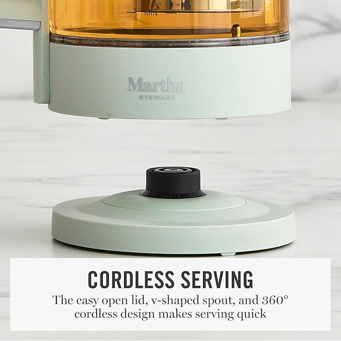 Martha Stewart Electric Kettle with Removable Stainless Steel Tea Infuser, Glass Carafe 1.7L (7 Cups), Hot Water Boiler, 4 Presets, Keep Warm & Auto Shut-Off, Cordless 360° Swivel Base, Honeydew Green