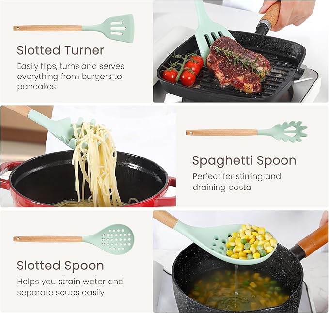 26 Pcs Silicone Cooking Utensils Set with Holder, BPA Free Kitchen Utensils Set for Cooking, 446°F Spatulas Silicone Heat Resistant Wooden Handle Spoon Tongs Non-stick Kitchen Gadgets (Light Green)