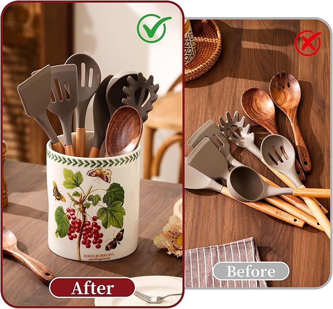 7" Flower Utensil Holder, Large Kitchen Utensil Holder Organizer , White Stable Utensil Crock Spatula Holder for Kitchen Counter Countertop Farmhouse Cooking Tools Holder(Ribes rubrum)