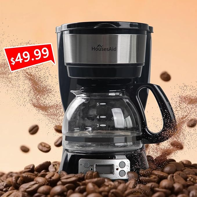 5-Cup Programmable Drip Coffee Maker with Digital Timer, Glass Carafe,24-Hour Auto Brew,2-Hour Auto Shut-Off, Pause & Pour, Removable Filter Basket,Compact Coffee Machine for Home & Office