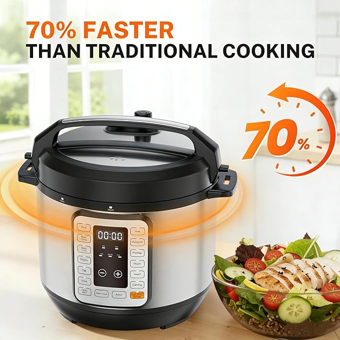 Simple Deluxe 6QT Electric Pressure Cooker, 16-in-1 & Non-Stick Stainless Steel Multi Cooker with 12 Presets for Slow Cook, Meat Stew, Steam, Sauté, Canning, Yogurt Maker, Dishwasher Safe, Silver