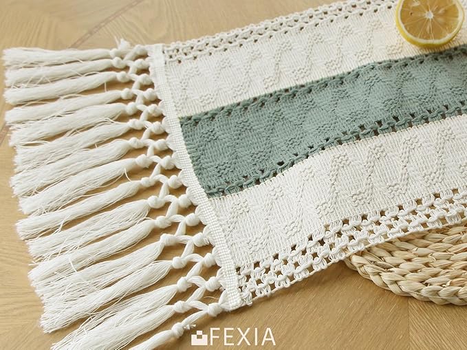 FEXIA Sage Green Table Runner 90 Inches Long with Tassels Boho Macrame Farmhouse Table Runners for Home Decor Party Bohemian Rustic Bridal Shower Dining Decor (12x90 Inches)