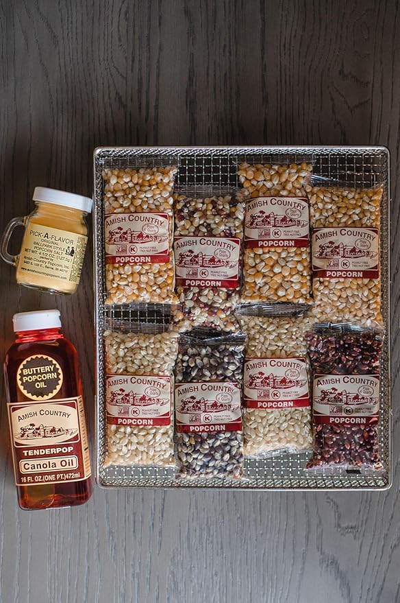 Amish Country Popcorn | 8-4 oz Bags | Stovetop Popping Sampler Pack with Canola Oil and BallPark ButterSalt | Old Fashioned, Non-GMO and Gluten Free (Stovetop Sampler - 8-4 oz Bags)