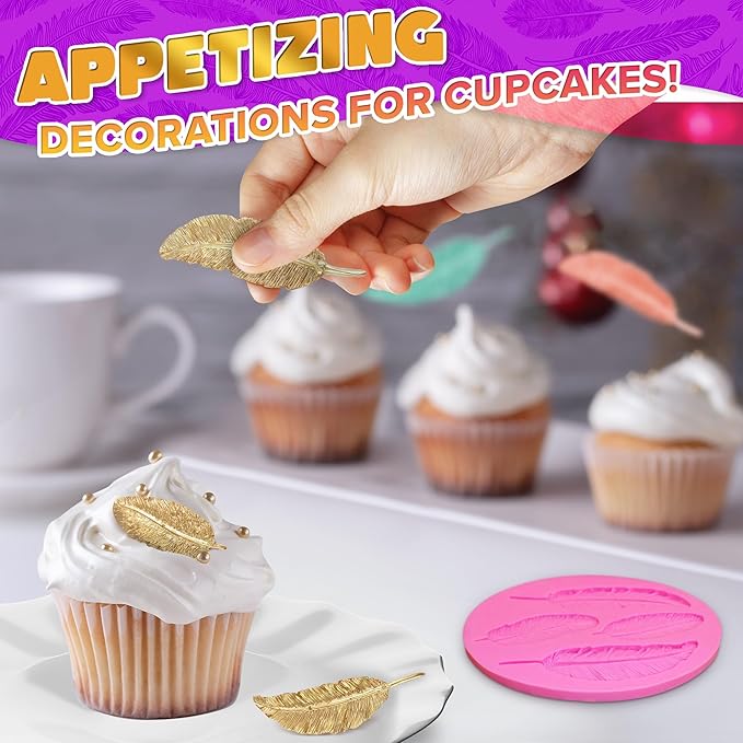 Feather Mold Silicone – Feather Chocolate Mold – 0.3" Thick Pink 3D Design, Different Sizes of Feathers, Easy to Use, Flexible & Reusable, Works with Various Materials | for Pastry Cake Decorations