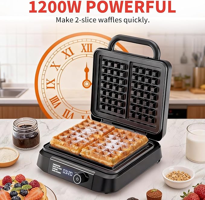 Waffle Maker, 1200W Belgian Waffle Maker, Dual Rectangular Thick Waffle Iron, 7-Level Browning LED Panel, Nonstick Plates, Anti-spill Design, Audible Ready Beep, Easy Cleanup, Stainless Steel