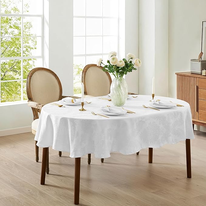 Newbridge Barcelona Luxury Damask Fabric Tablecloth, 60” Wide x 84” Oval, White, 100% Polyester, No Iron, Soil Resistant Dining Room, Party and Banquet Table Cover