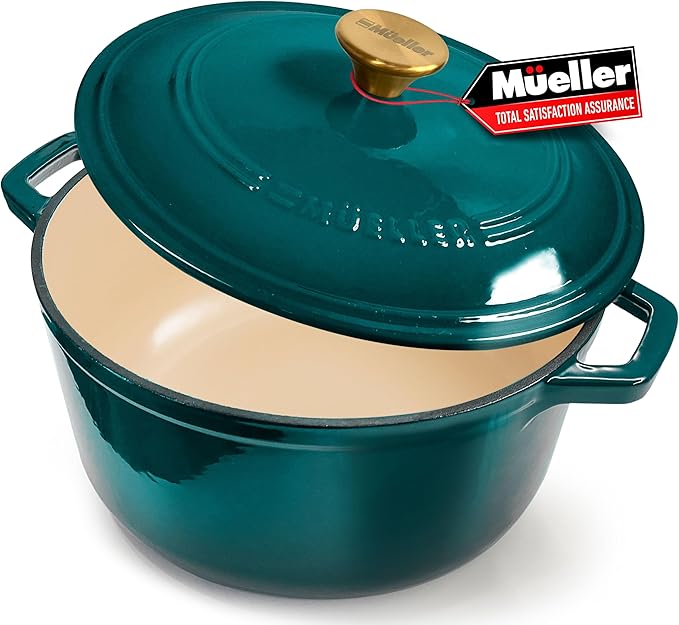 MUELLER HOME 4.5 QT Enameled Cast Iron Dutch Oven, Heavy-Duty Casserole Dish and Braiser Pan with Lid, Oven-Safe up to 500° F & Across All Cooktops, Housewarming Gifts New Home, Emerald