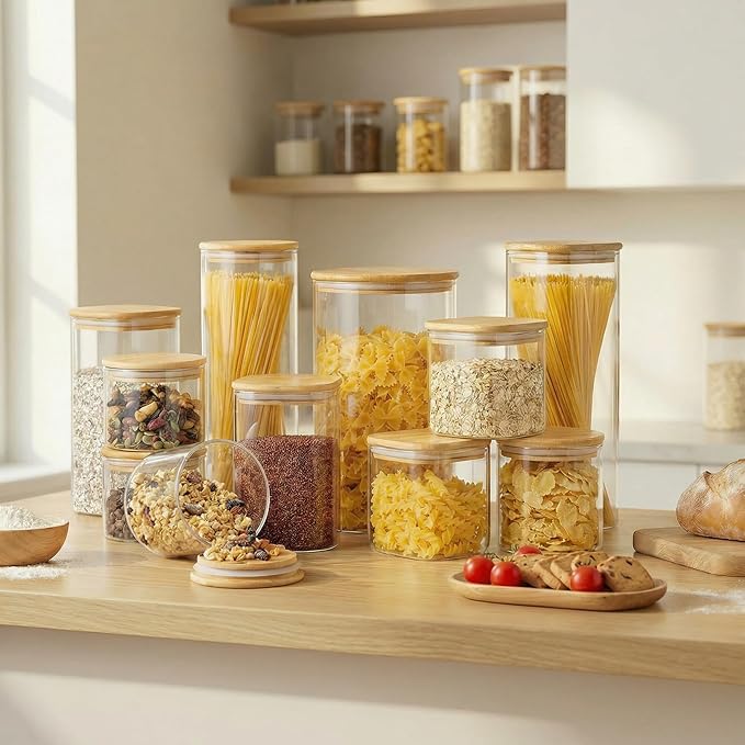 57oz - 3 Pack Square Glass Jars with Bamboo Lids, Glass Food Storage Containers with Airtight Lids for Kitchen, Air Tight Pantry Storage Containers for Cereal, Pasta, Rice, Sugar, Coffee, Spice