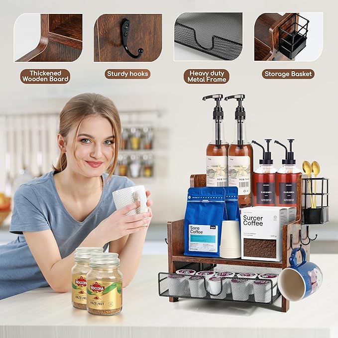3-Tier Coffee Station Organizer for Countertop, Wood Coffee Bar Organizer with Drawer, Rustic Coffee and Tea Condiment Organizer, K-Cups Coffee Corner Organizer with 6 Hooks for Coffee Bar Accessories