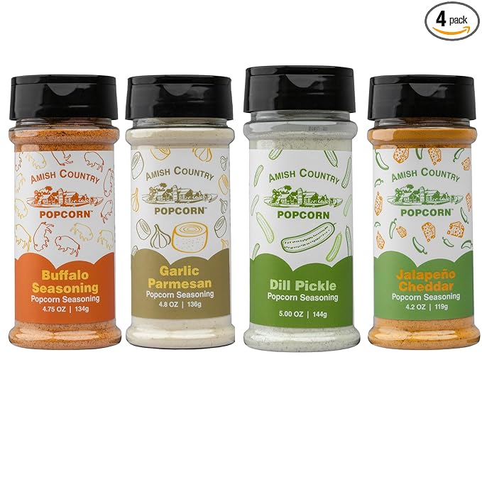 Amish Country Popcorn | 4 Pack Seasoning Bundle | Buffalo, Garlic Parmesan, Jalepeno Cheddar, Dill Pickle | Old Fashioned, Non-GMO