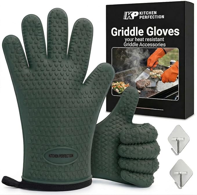 KITCHEN PERFECTION Silicone Oven & Griddle Gloves -Extreme Heat Resistant BBQ & Grilling Gloves -Handle Hot Food Right on Your Griddle |Waterproof Oven Mitts Grill Gloves |Superior Set+3 Bonuses