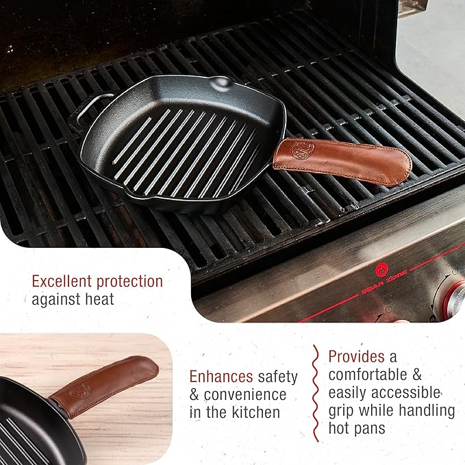Victoria Leather Handle Cover for Cast Iron Skillets, Heat-Resistant Pan Handle Sleeve, Handmade in Colombia, Medium