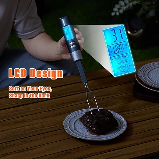 Meat Thermometer Fork with Electronic Ready Alarm, Digital Cooking Thermometer with Instant Read, LCD Display and Led Light, Grill Thermometers for BBQ Grilling Gadgets Steak Pork, Black