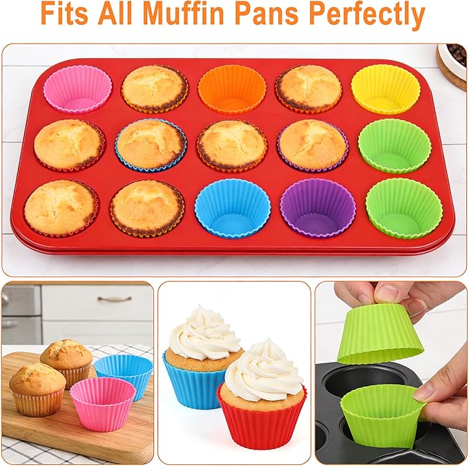 Reusable Non-Stick Silicone Baking Cups, Food Grade BPA Free Cupcake Muffin Liners, Oven & Dishwasher Safe Easy Release, Multicolor Rainbow, 24 Pack, for Muffins Cupcakes