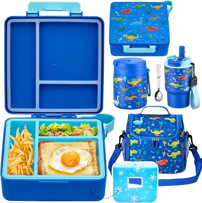 Pawtong Lunch Box Set with Bento Box Container, 17OZ Stainless Steel Food Soup Thermo, Kids Water Bottle & Portable Insulated Lunch Bag, Leakproof, Hot/Cold Retention for School, Travel (Dinasour)